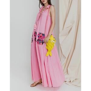 NWT Sensi Studio Hand Embroidered Ruffled Tassels Cotton Maxi Dress Pink Size S